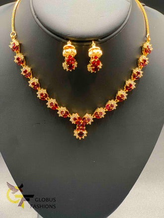 Maroon color stones with cz stones necklace set