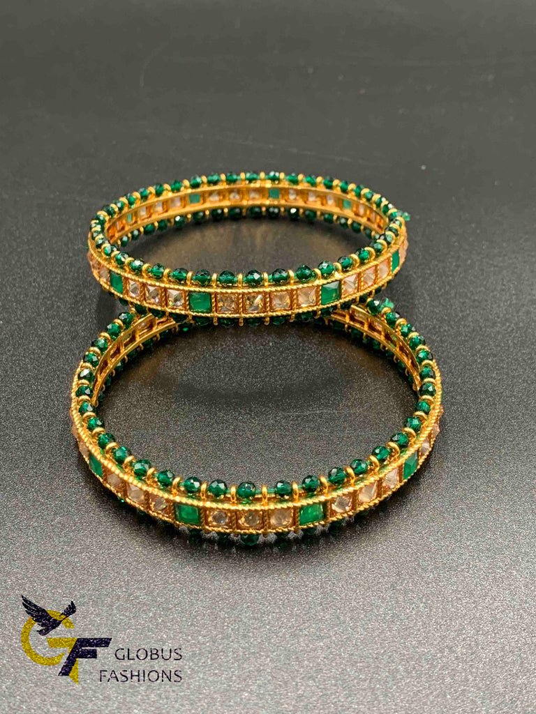 Elegant emerald beads & Stones with kundan stones set of two bangles
