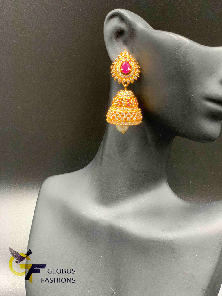 Traditional look multicolor stones and ruby with cz stones jumka earrings