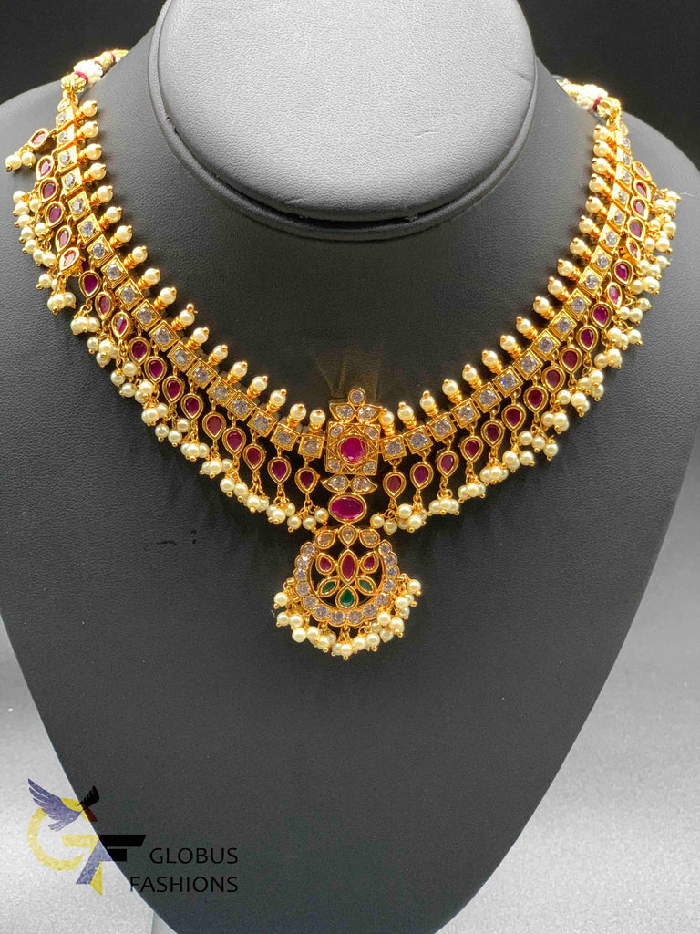 Traditional look multicolor stones with pearls necklace set