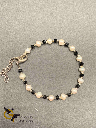 Pearls with black crystal beads silver bracelet