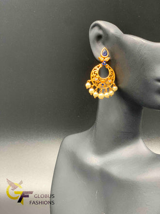 Simple design Sapphire and ruby stones with pearls chandbali earrings