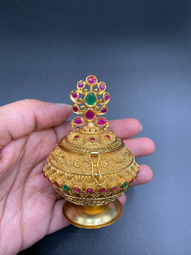 Multicolor stones flower design kumkum and turmeric box