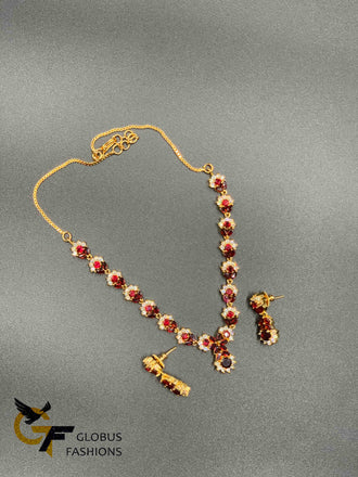 Maroon color stones with cz stones necklace set