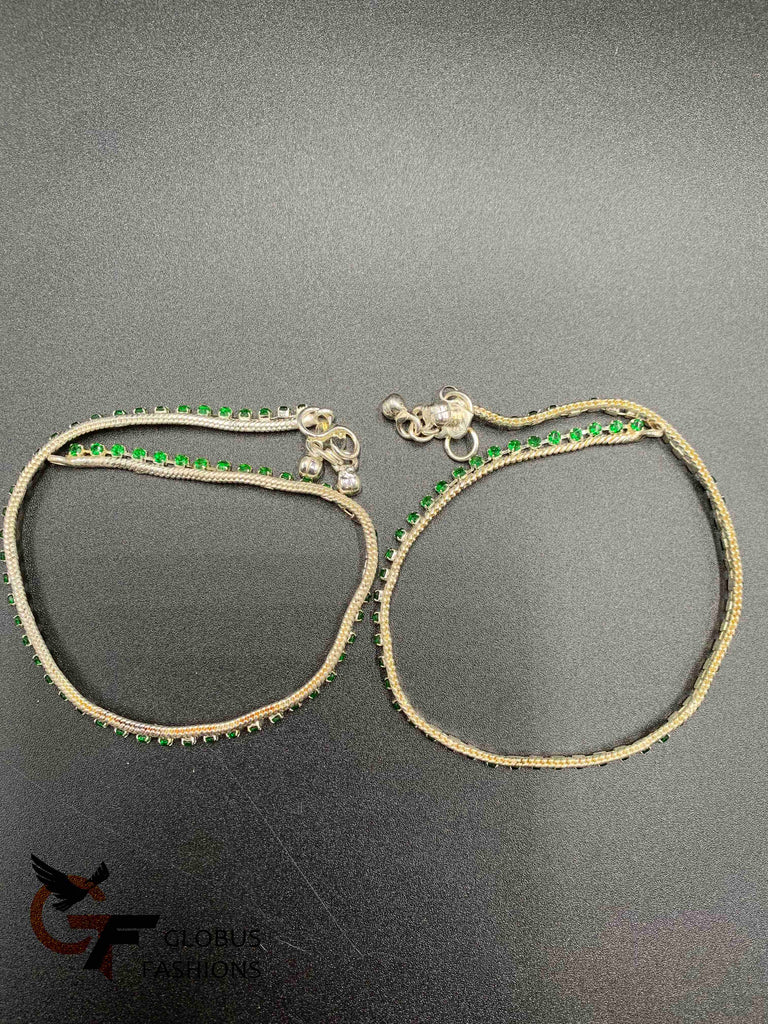 Green color Stones silver anklets