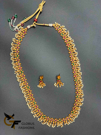 Mat finish multicolor stones with pearls long necklace set