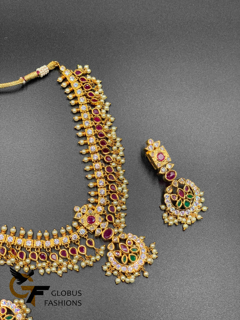 Traditional look multicolor stones with pearls necklace set