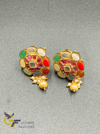 Square shaped navarathna stones with Pearls stud type earrings