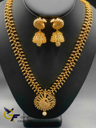 Cz stones peacock design long necklace with matching jumka earrings