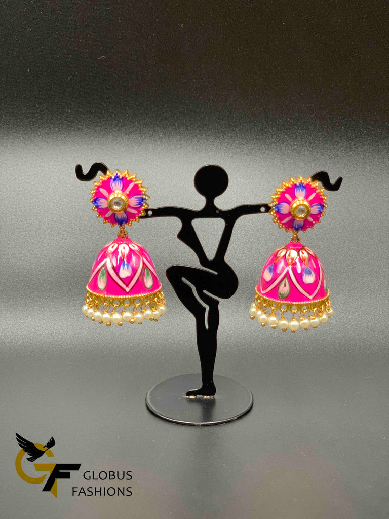 Beautiful enamel hand painted with kundan stones jumka earrings