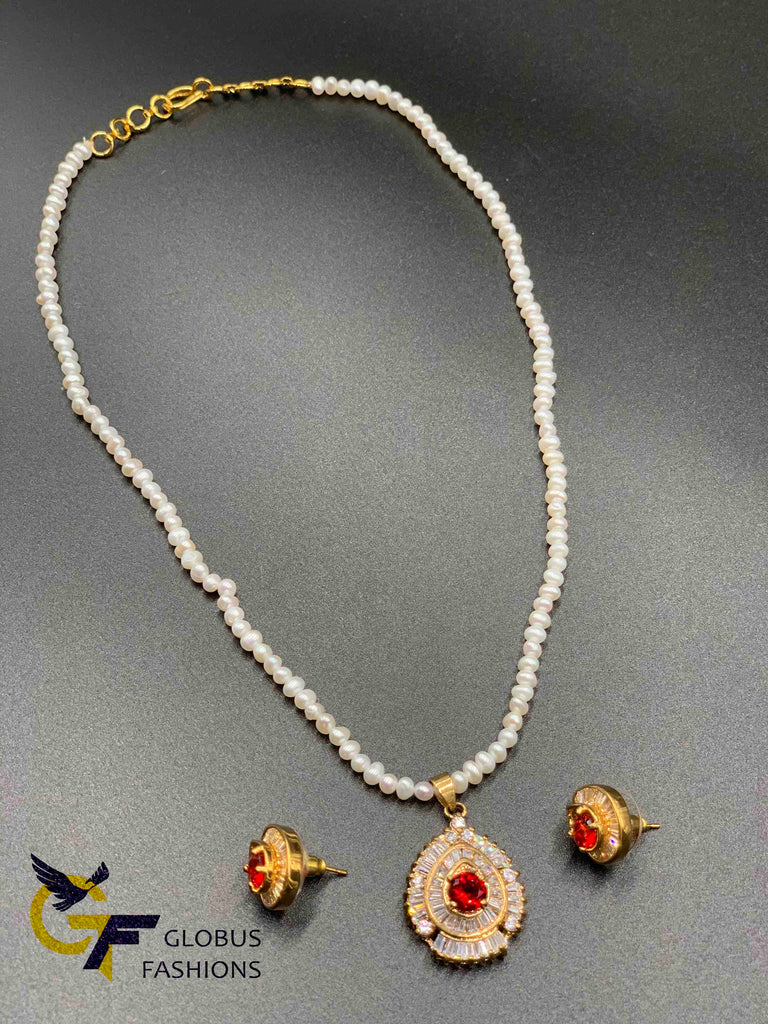 Cute ovel shaped semi precious pearls with cz stones pendant and earrings