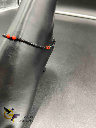 Black crystal beads with red beads single anklet