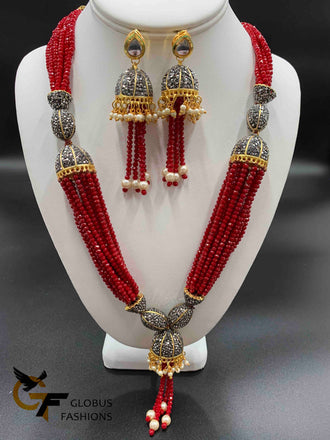 Red color beads with black stones pendant and matching jumka earrings