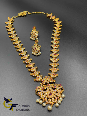 Beautiful Traditional look cz stones with ruby peacock design long necklace set