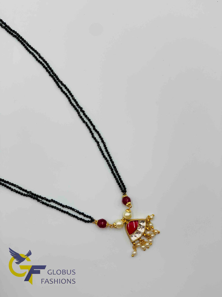Traditional kundan and ruby stones with pearls pendant with black diamond beads chain