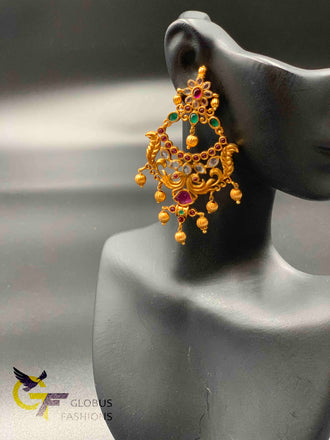 Elegant antique look multicolor stones with uncut cz stones big size chandbali earrings