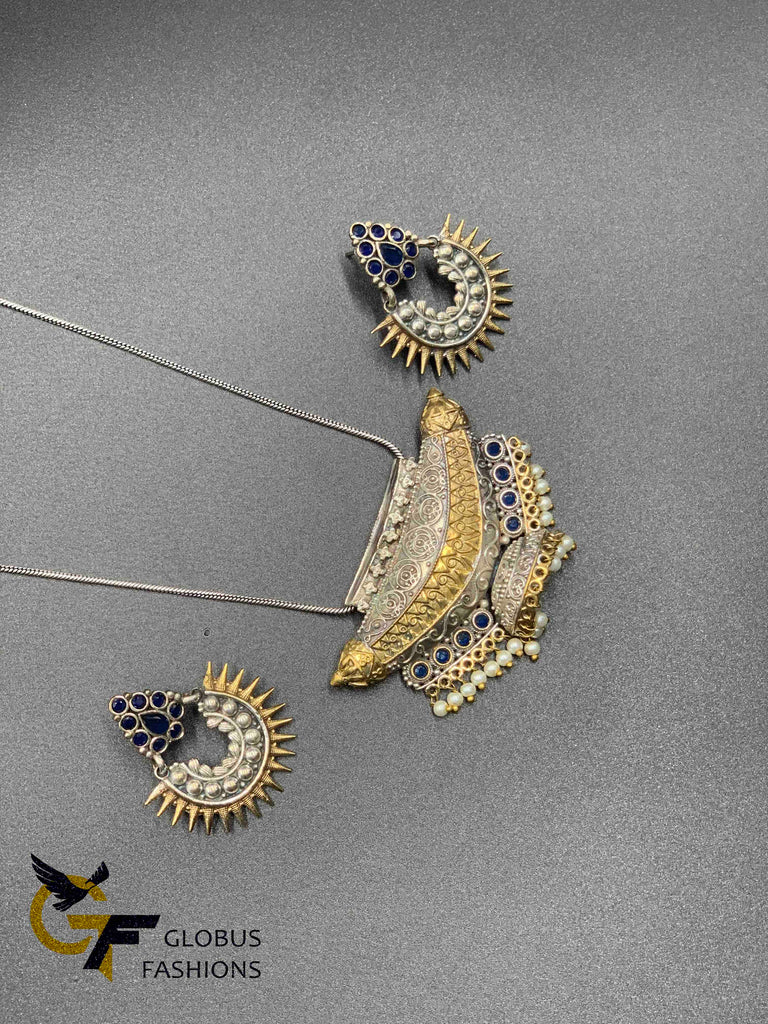 Traditional look oxidized German silver pendant with plain chain set