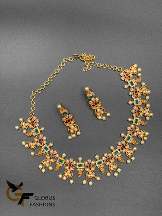 Antique finished necklace with multicolor stones and pearls
