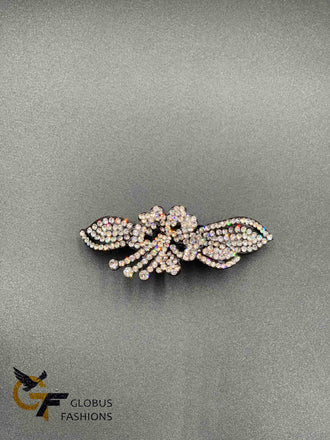 White color flower stones hair clip with black base