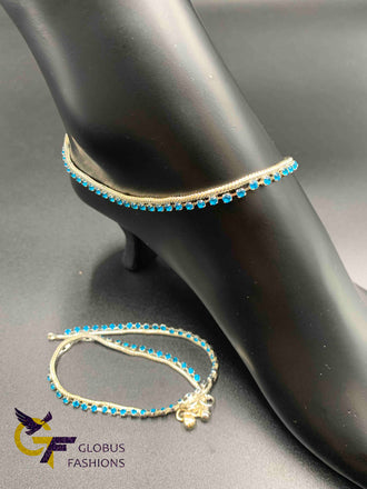Blue color stones with silver base anklets