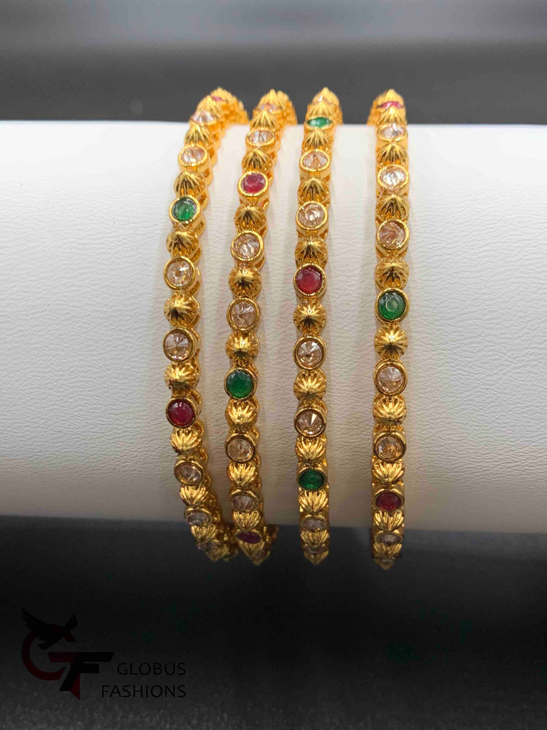 Traditional antique look multicolor Stones with Polki Stones set of 4 bangles