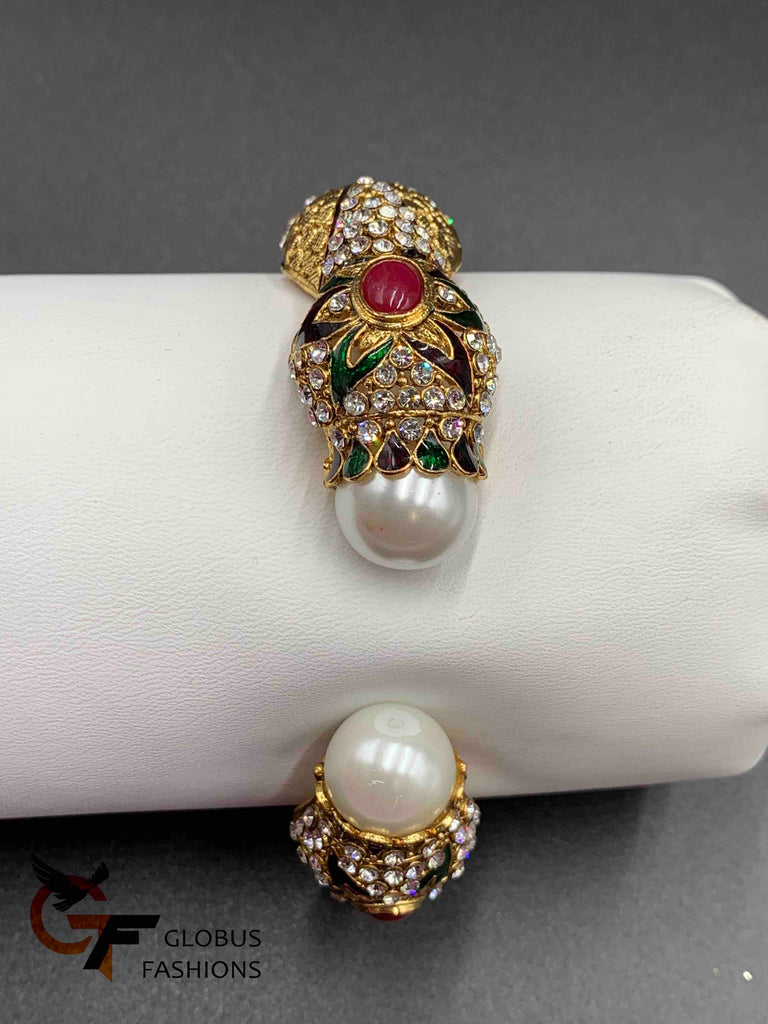 Traditional look Pearls with multicolor Stones big Kada bangle