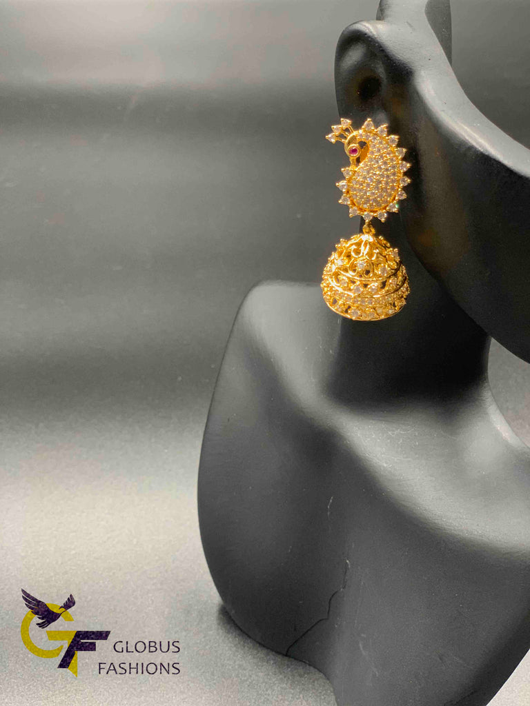 Cz stones peacock design long necklace with matching jumka earrings