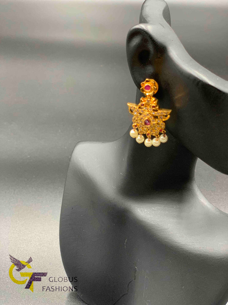 Beautiful Traditional look cz stones with ruby peacock design long necklace set