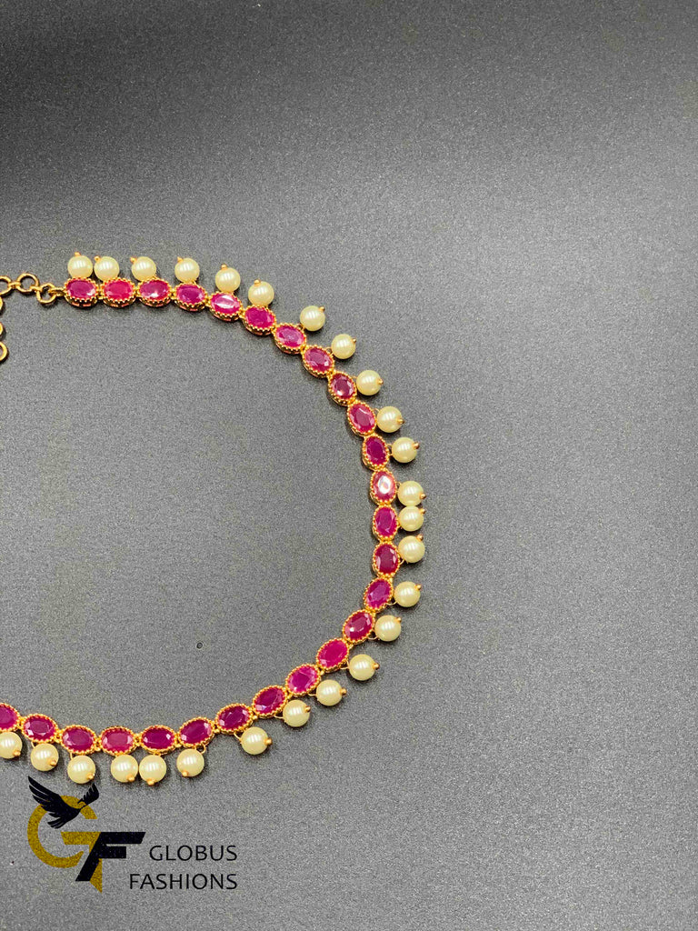Ruby stones with pearls simple necklace set