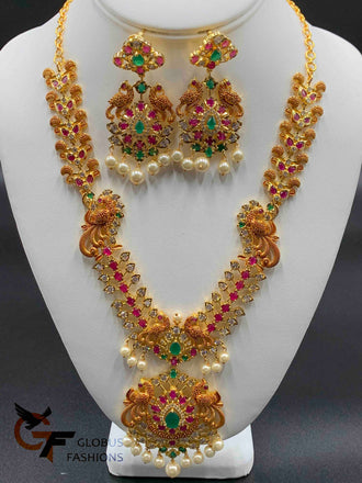 Elegant Peacock design multicolor stones necklace set