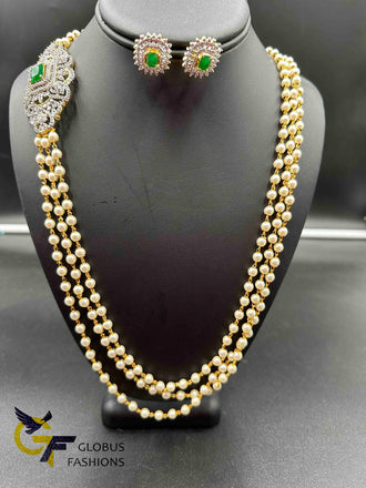 Long three line pearls chain with CZ stones side locket and earrings