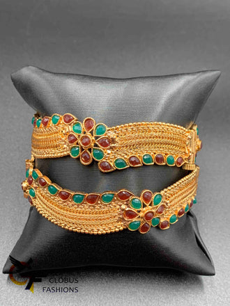 Antique look multicolor stones screw type kada bangles