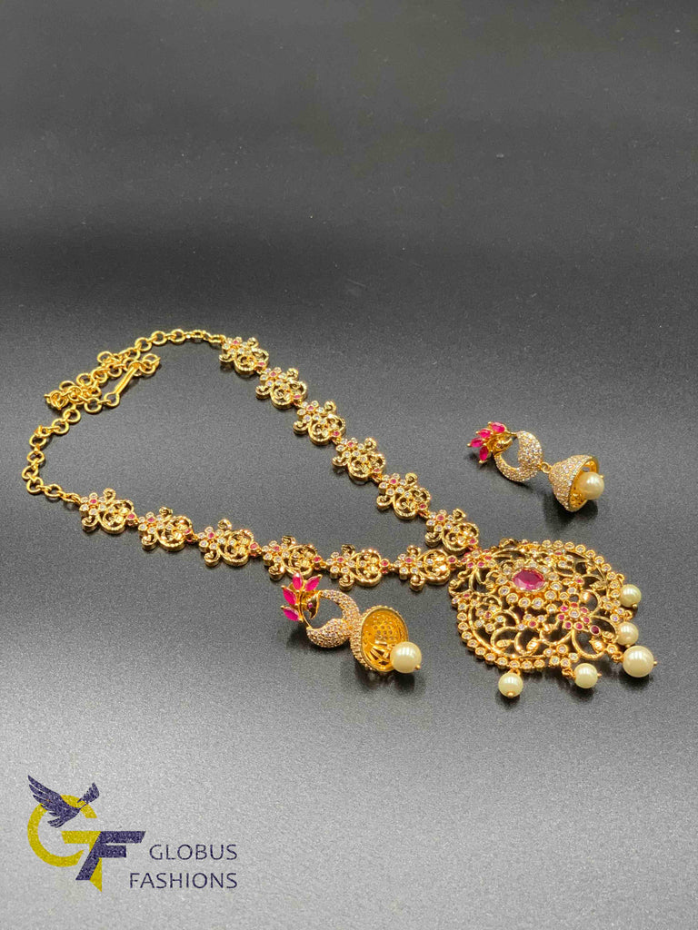 Simple flower design cz stones with ruby stones necklace set