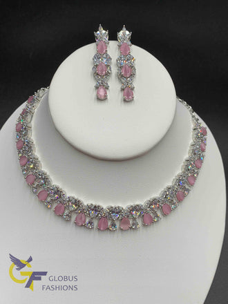 CZ Stones with pink color Stones silver color tone necklace set