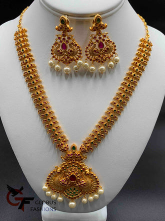 Antique look Peacock design multicolor stones and pearls  necklace set
