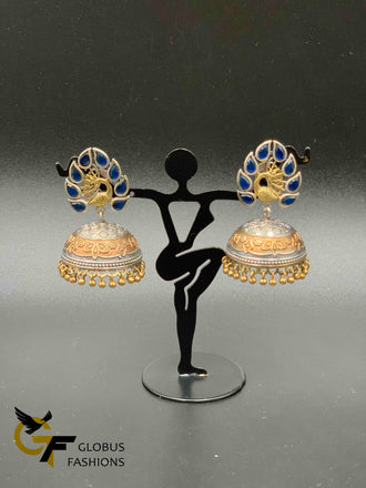 Sapphire stones Peacock design German silver jumka earrings