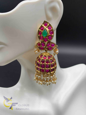 Real kemp and Pearls mango design Jumka Earrings