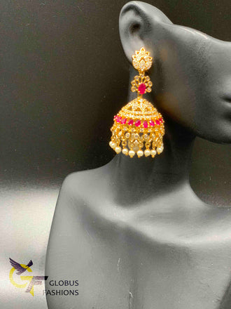 Traditional look ruby and cz stones with pearls big jumka earrings