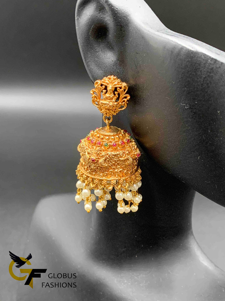 Traditional and antique design LAKSHMI print with pearls and multicolor stones long necklace and matching jumka set