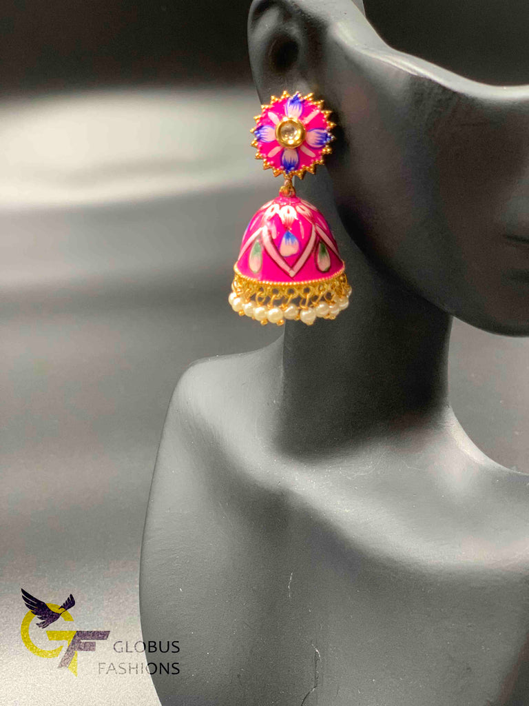 Beautiful enamel hand painted with kundan stones jumka earrings