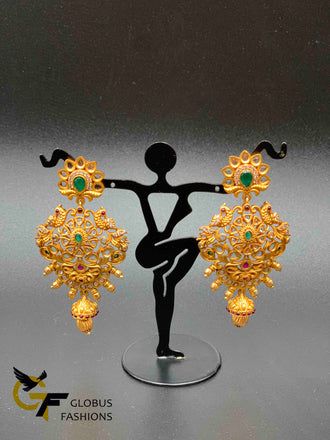 Antique look Peacock design uncut CZ stones with emerald stones chandbali earrings