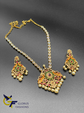 Multicolor stones and pearls pendant with CZ stones chain