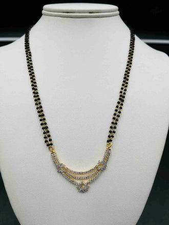 Double line black beads chain with cz stones pendant