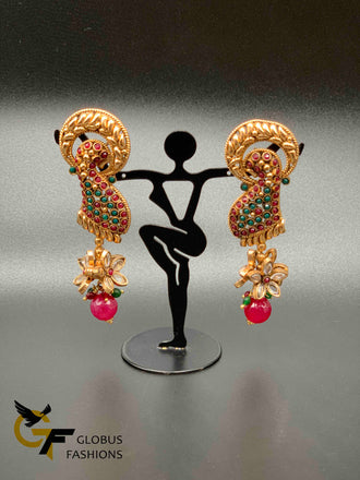 Traditional look multicolor stones peacock design earrings