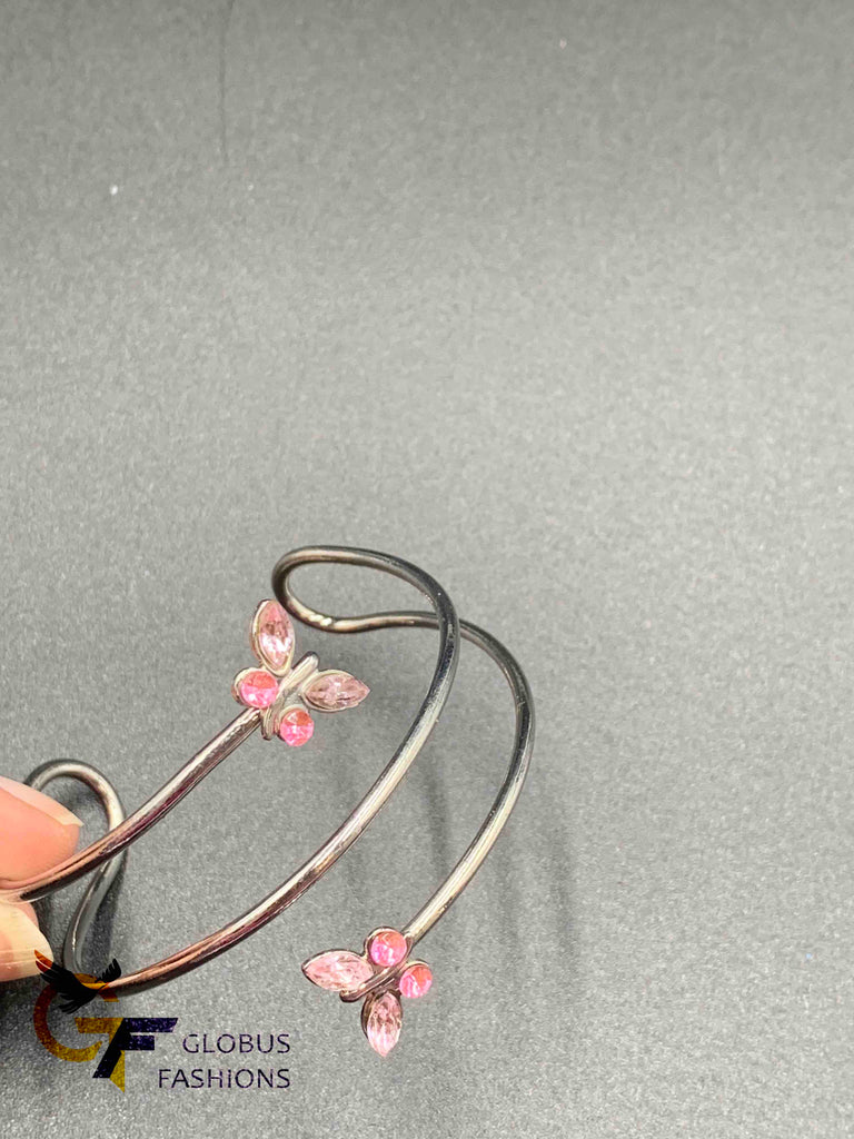 Pink Stones butterfly design silver bracelet