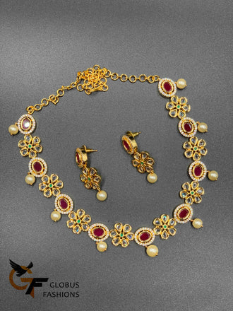 Uncut cz stones with ruby and pearls elegant necklace with matching earrings