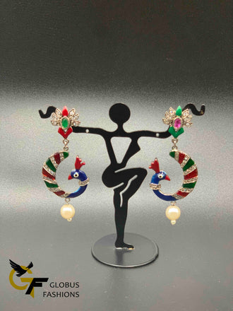 Cute enamel paint peacock design German silver earrings