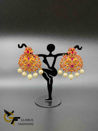 Antique look peacock design ruby and pearls earrings