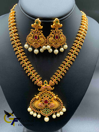 Antique look Peacock design multicolor stones and pearls  necklace set