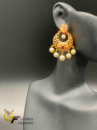 Ruby and pearls simple design antique chandbali earrings